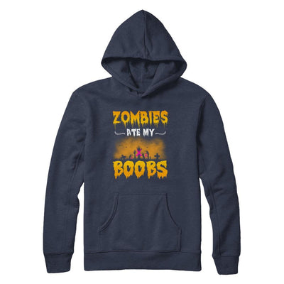 Zombies Ate My Boobs Breast Cancer Pink Halloween-T-Shirt & Hoodie-Pullover Hoodie-Navy