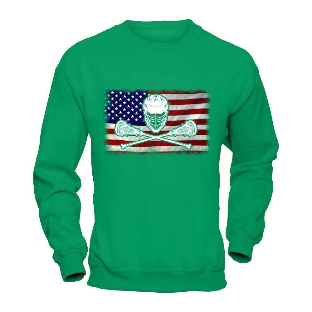 Lacrosse Helmet Crossed America Flag-T-Shirt & Hoodie-Crewneck Sweatshirt-Irish Green