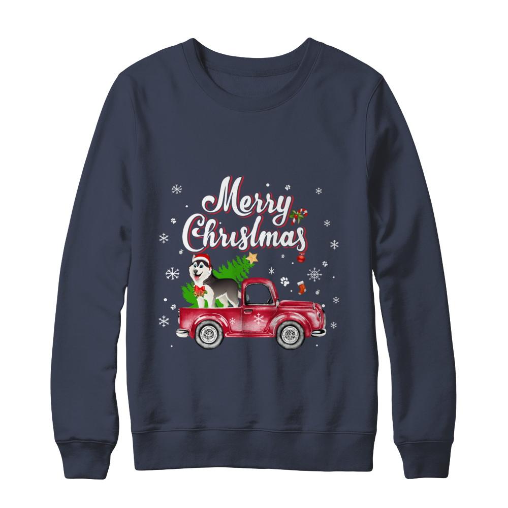 Husky Retriever Rides Red Truck Christmas Pajama-T-Shirt & Sweatshirt-Crewneck Sweatshirt-Navy