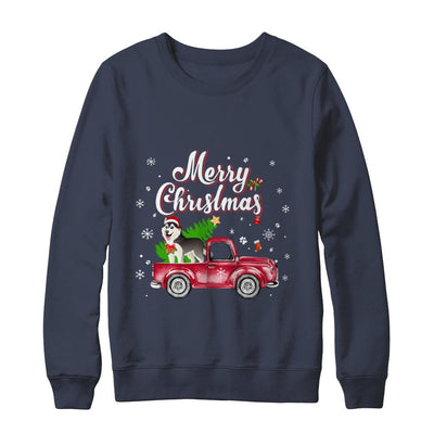 Husky Retriever Rides Red Truck Christmas Pajama-T-Shirt & Sweatshirt-Crewneck Sweatshirt-Navy