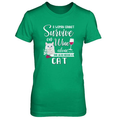 A Woman Can't Survive On Wine Alone Cat-T-Shirt & Tank Top-Women's T-Shirt-Irish Green