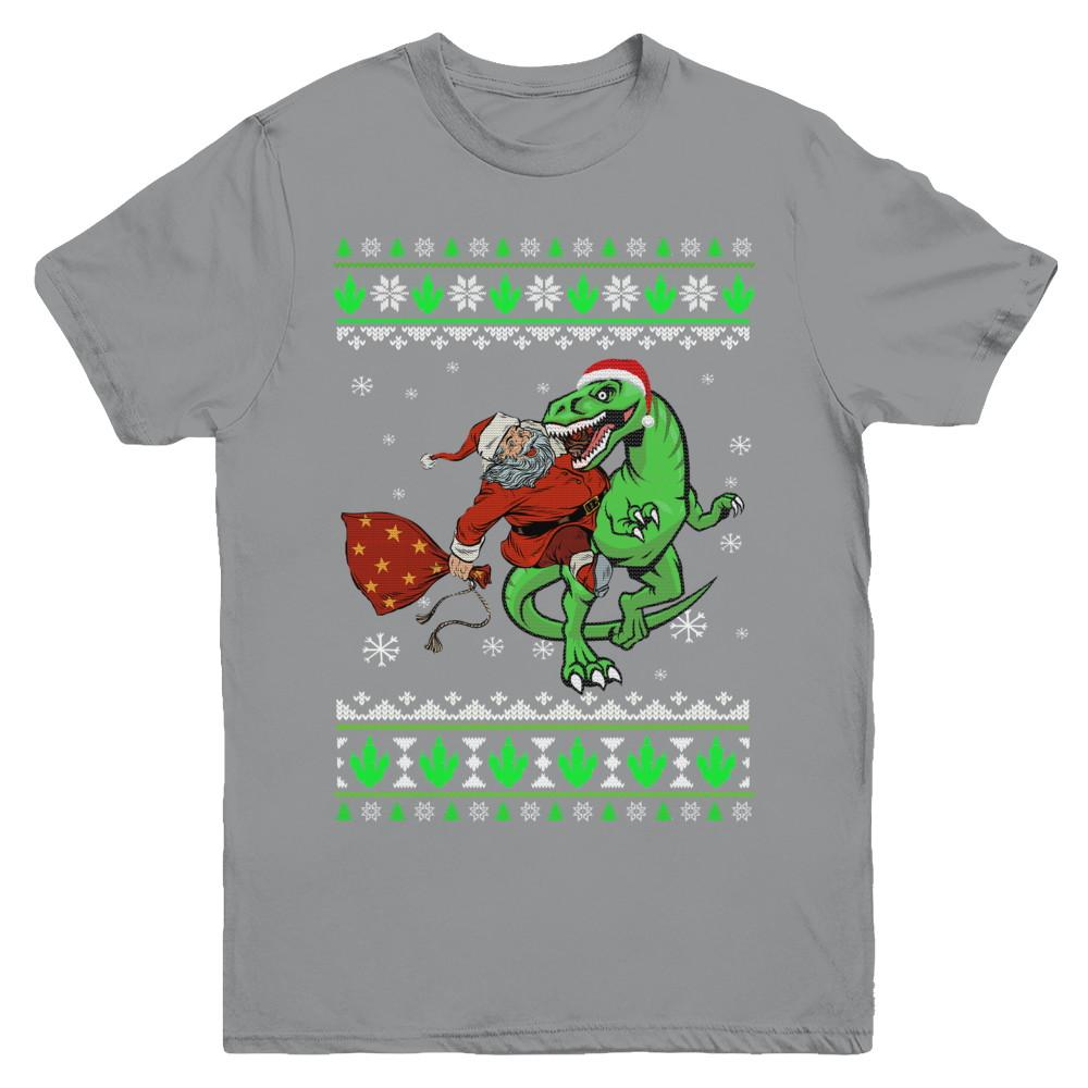 Santa Riding Dinosaur T-Rex Ugly Christmas Sweater Youth-Youth Shirt-Youth T-Shirt-Sport Grey
