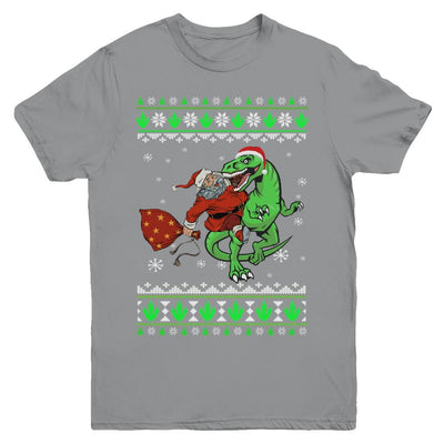 Santa Riding Dinosaur T-Rex Ugly Christmas Sweater Youth-Youth Shirt-Youth T-Shirt-Sport Grey