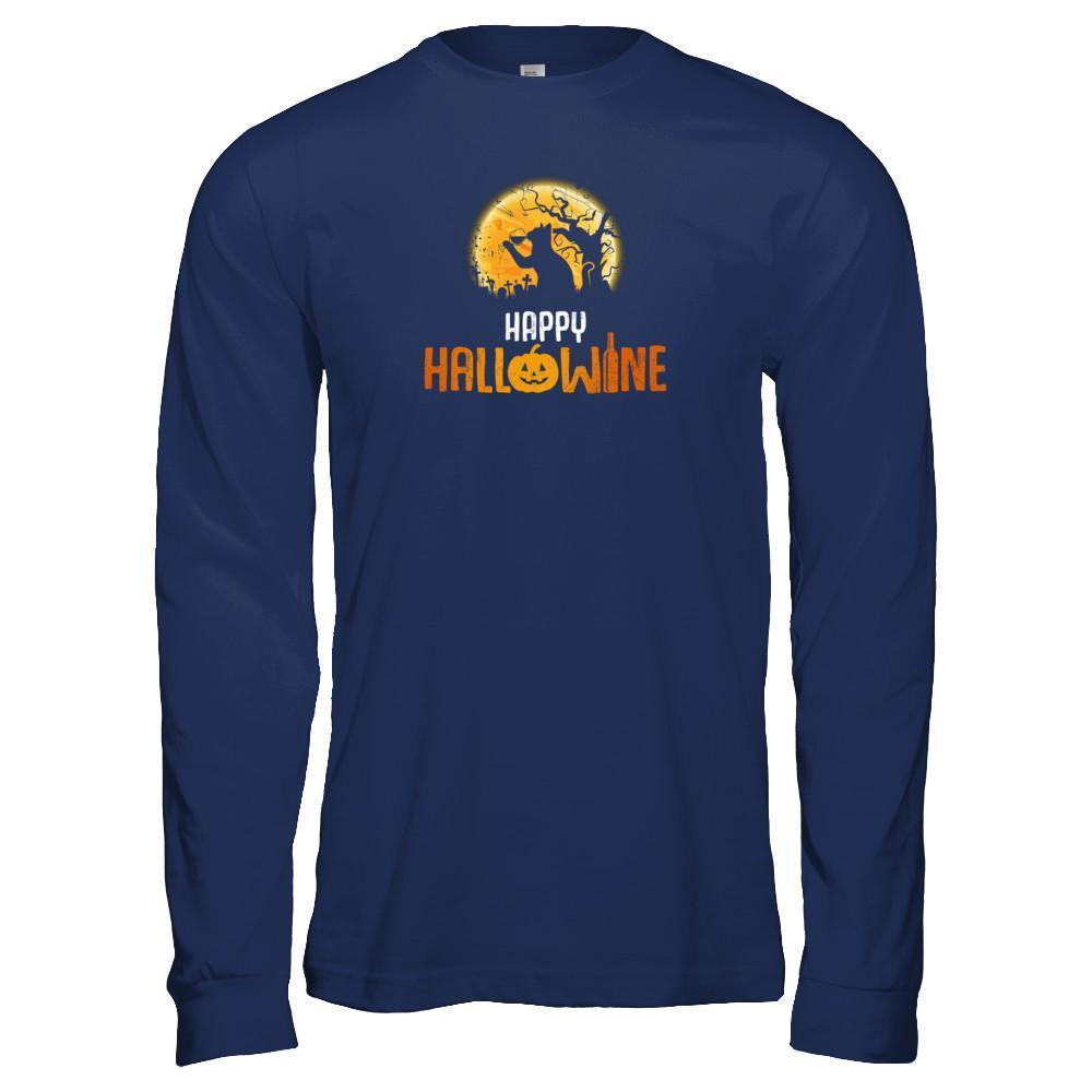 Happy Hallowine Drinking Wine Cat Lover 2017-T-Shirt & Tank Top-Long Sleeve T-Shirt-Navy
