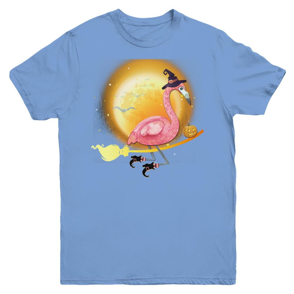 Funny Halloween Flamingo Witch Broom Scary Youth-Youth Shirt-Youth T-Shirt-Carolina Blue