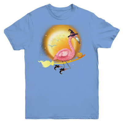 Funny Halloween Flamingo Witch Broom Scary Youth-Youth Shirt-Youth T-Shirt-Carolina Blue