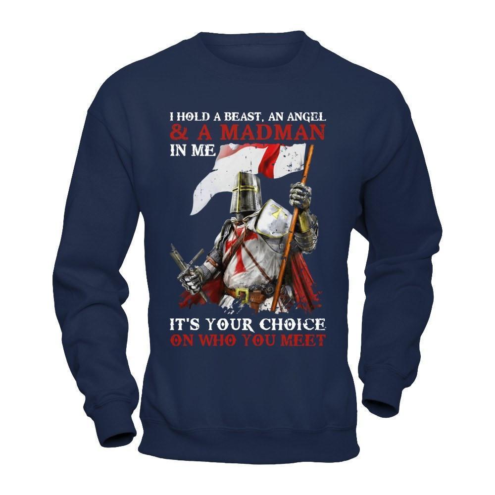 Knight Templar I Hold A Beast An Angel And A Madman In Me-T-Shirt & Hoodie-Crewneck Sweatshirt-Navy