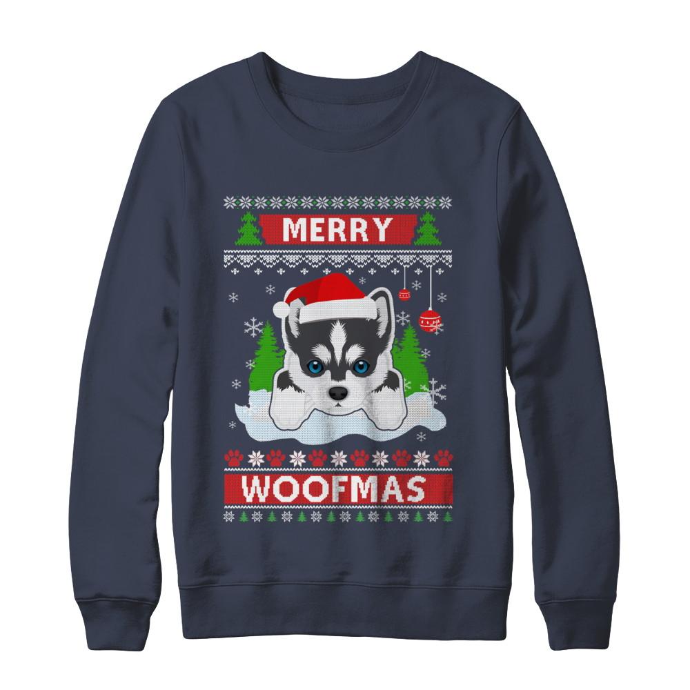 Siberian Husky Merry Woofmas Ugly Christmas Sweater-T-Shirt & Sweatshirt-Crewneck Sweatshirt-Navy