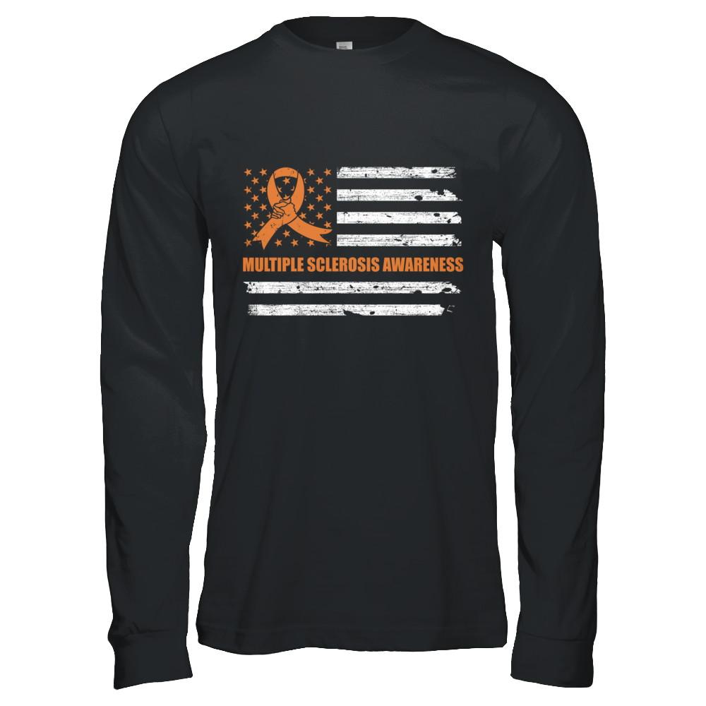Orange Ribbon Multiple Sclerosis Awareness US Flag-T-Shirt & Hoodie-Long Sleeve T-Shirt-Black