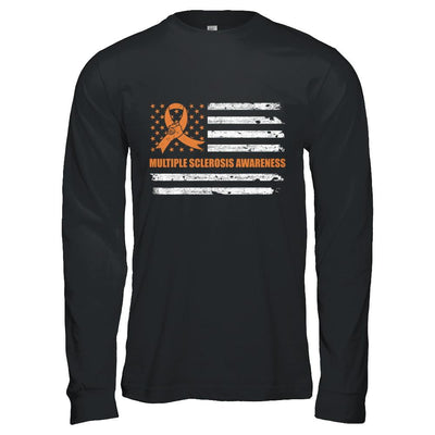 Orange Ribbon Multiple Sclerosis Awareness US Flag-T-Shirt & Hoodie-Long Sleeve T-Shirt-Black