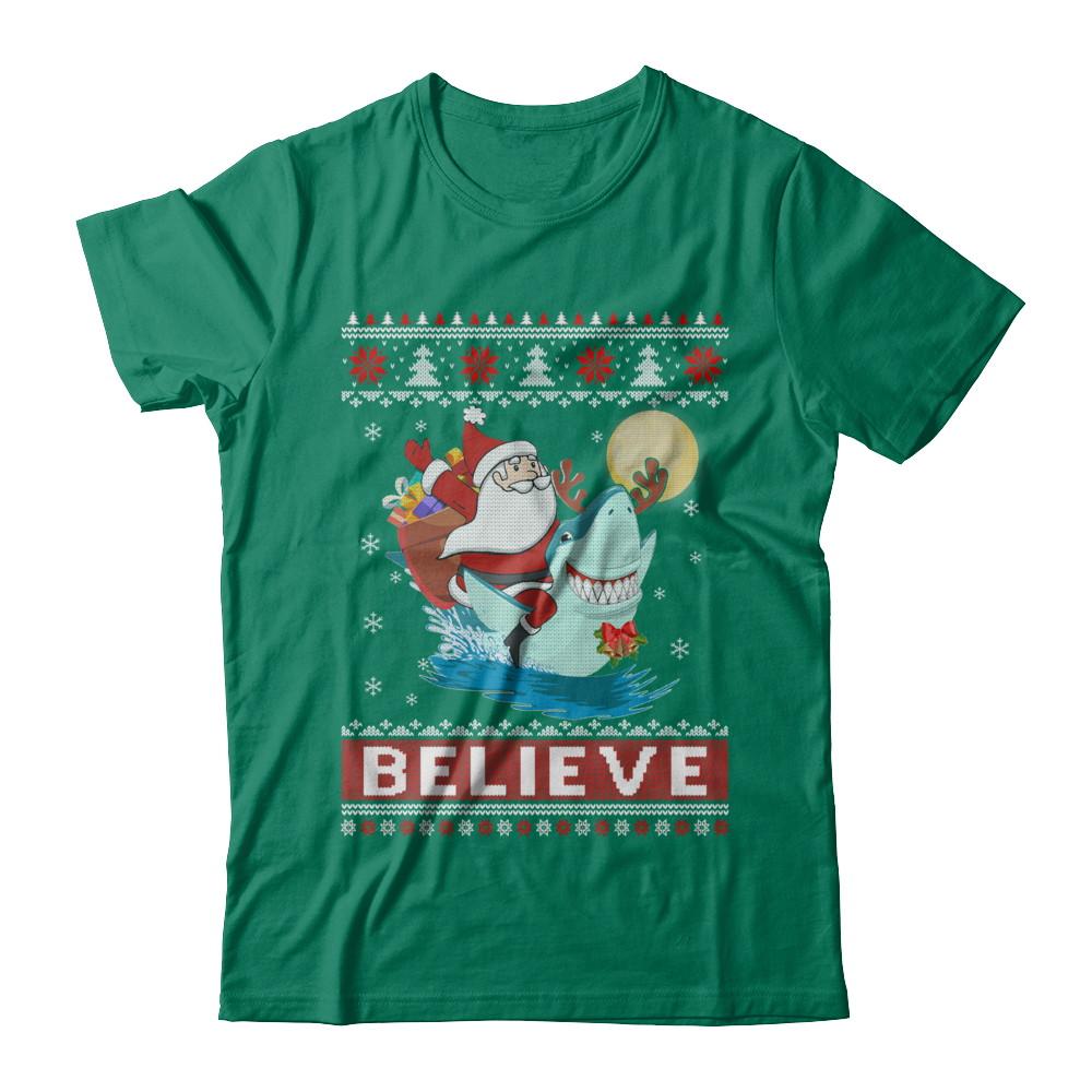 Believe In Santa Riding Shark Ugly Christmas Sweater-T-Shirt & Sweatshirt-Classic T-Shirt-Kelly Green