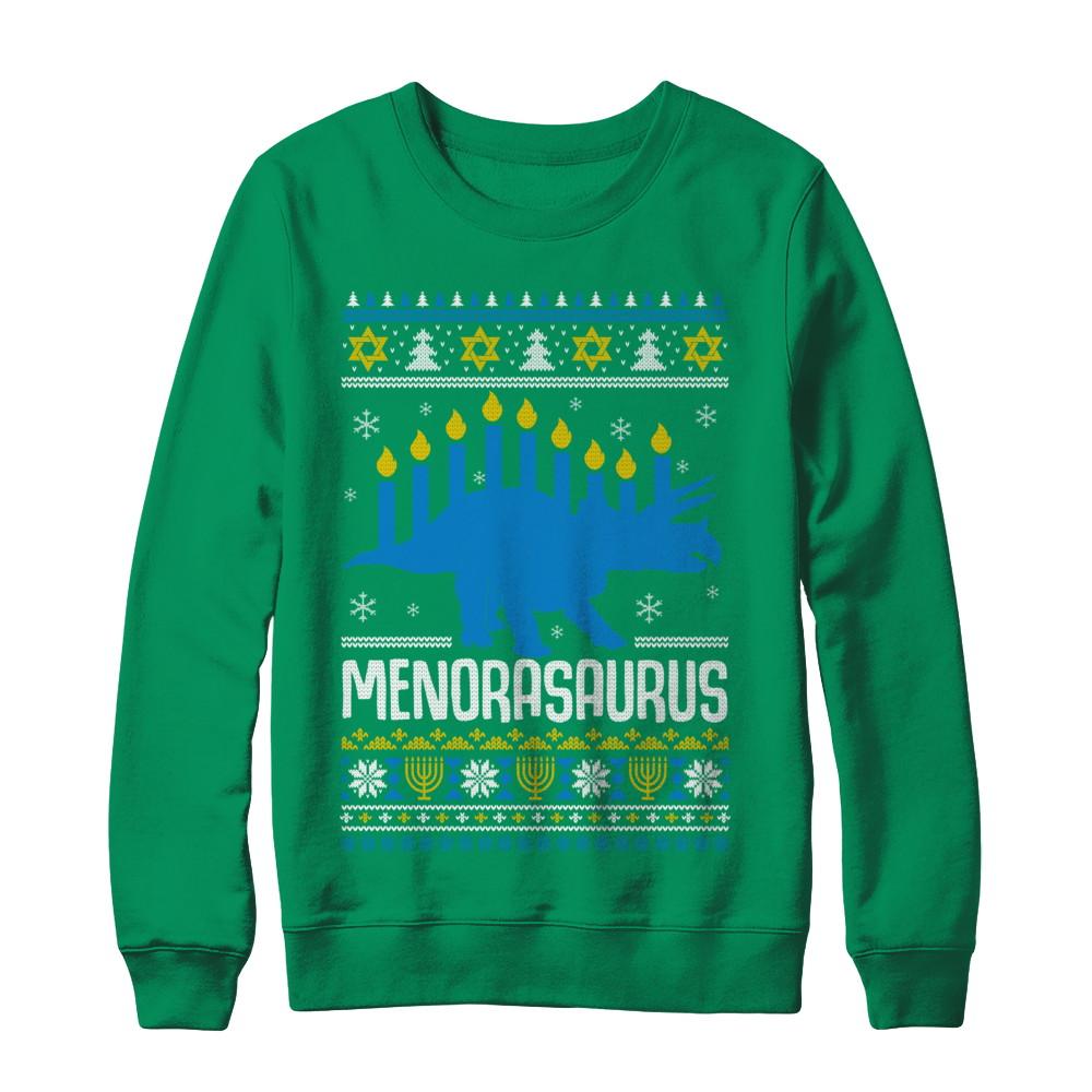 Funny Ugly Hanukkah Dinosaur Menorasaurus Sweater-T-Shirt & Sweatshirt-Crewneck Sweatshirt-Irish Green