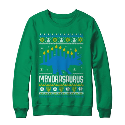 Funny Ugly Hanukkah Dinosaur Menorasaurus Sweater-T-Shirt & Sweatshirt-Crewneck Sweatshirt-Irish Green