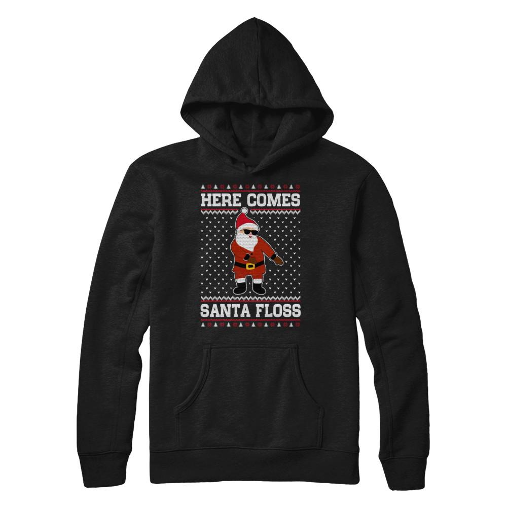 Here Comes Santa Floss Flossing Ugly Christmas Sweater-T-Shirt & Sweatshirt-Pullover Hoodie-Black