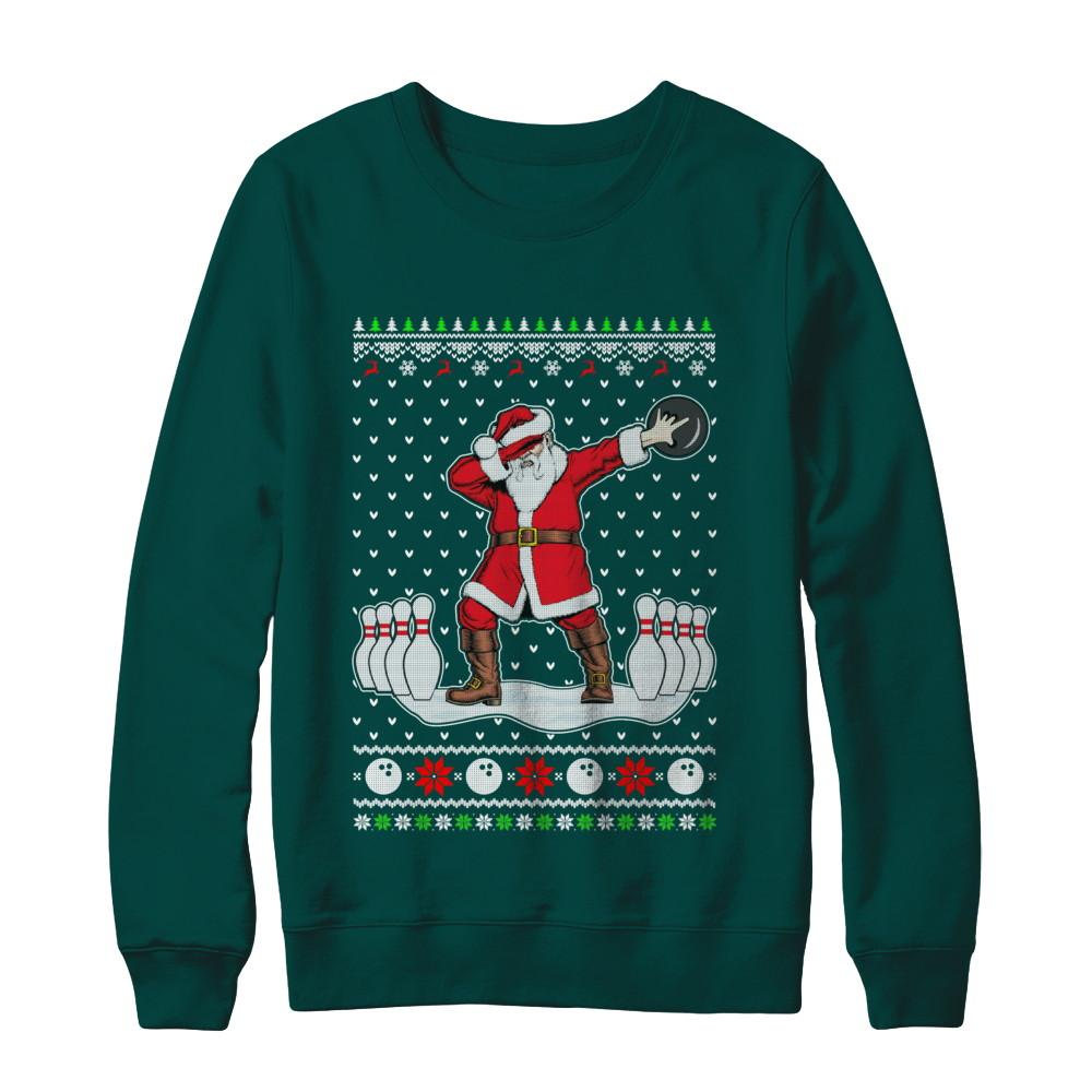 Dabbing Santa Claus Bowling Ugly Christmas Sweater-T-Shirt & Sweatshirt-Crewneck Sweatshirt-Deep Forest
