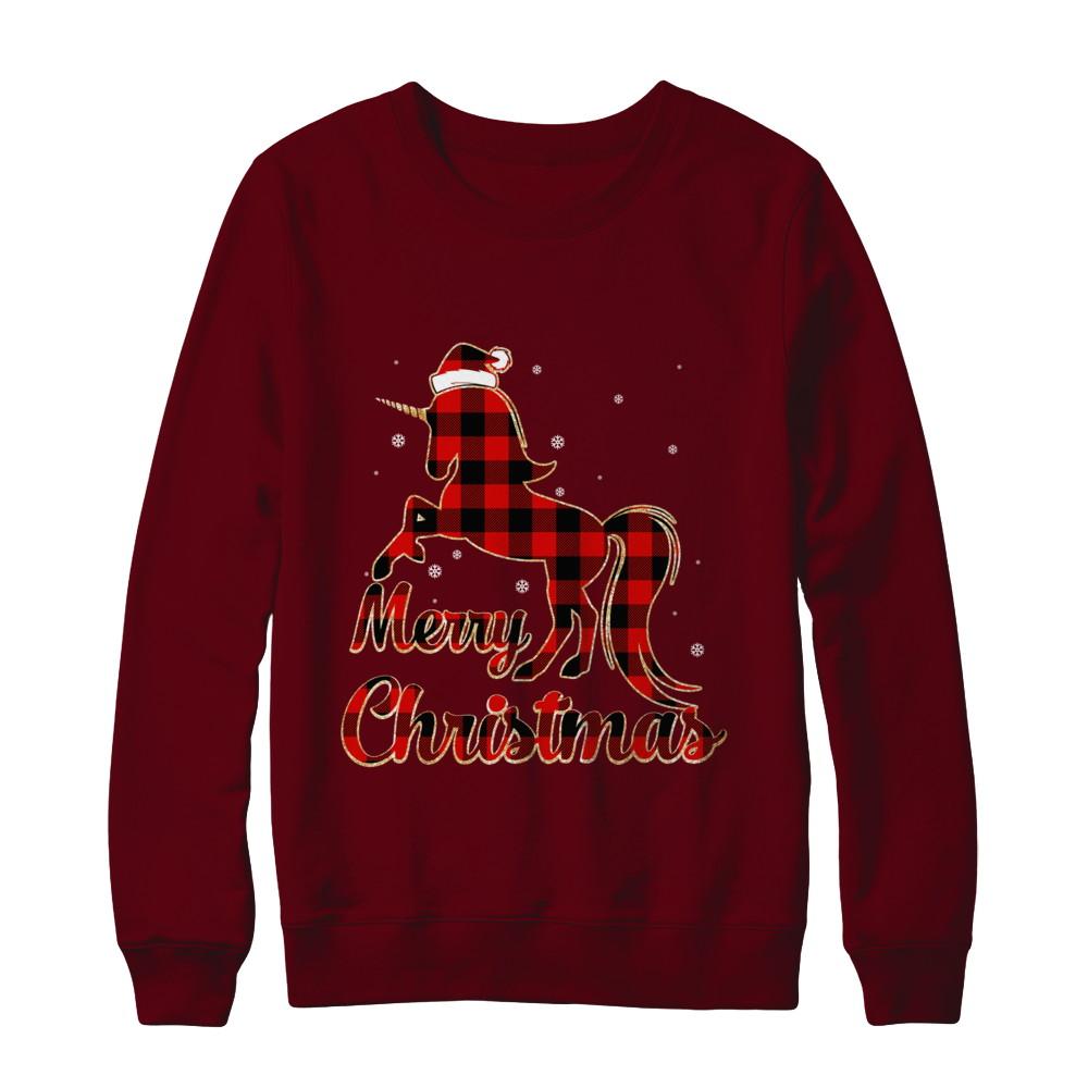 Red Buffalo Plaid Unicorn Merry Christmas-T-Shirt & Sweatshirt-Crewneck Sweatshirt-Maroon