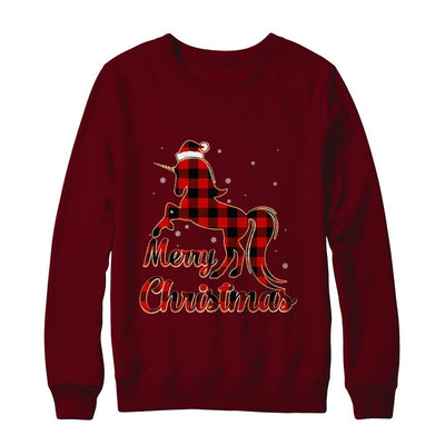 Red Buffalo Plaid Unicorn Merry Christmas-T-Shirt & Sweatshirt-Crewneck Sweatshirt-Maroon