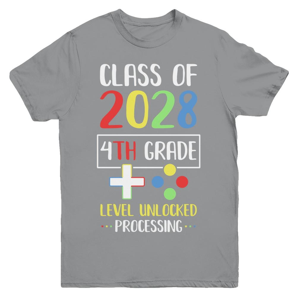 Class Of 2028 4th Grade Level Unlock Gaming Back Go School Youth-Youth Shirt-Youth T-Shirt-Sport Grey