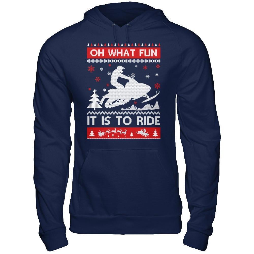Snowmobile Sweater Christmas Oh What Fun It Is To Ride-T-Shirt & Hoodie-Pullover Hoodie-Navy