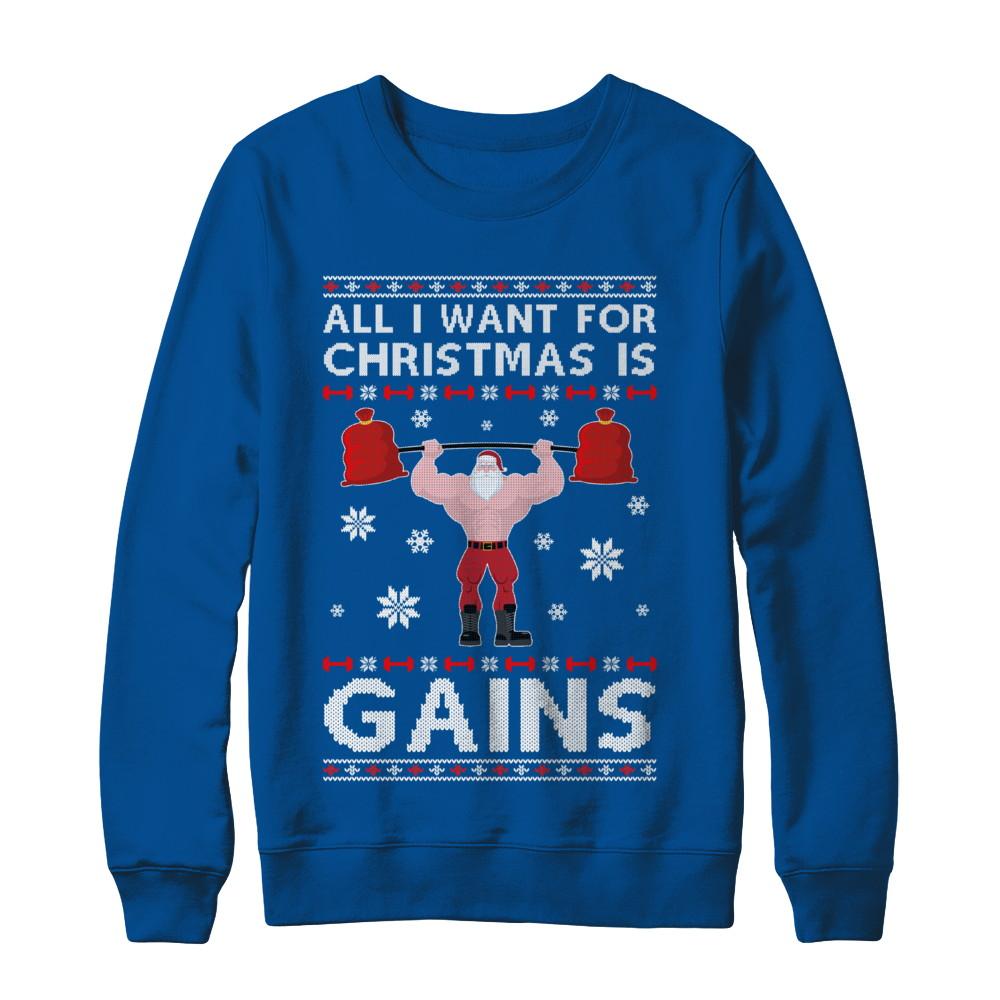 All I Want For Christmas Is Gains Fitness Gym Ugly Sweater-T-Shirt & Sweatshirt-Crewneck Sweatshirt-Deep Royal