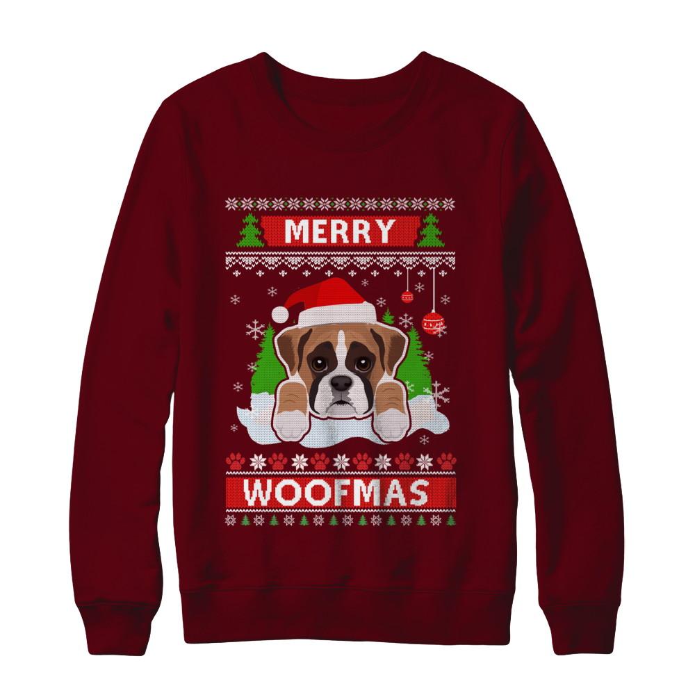 Boxer Merry Woofmas Ugly Christmas Sweater-T-Shirt & Sweatshirt-Crewneck Sweatshirt-Maroon