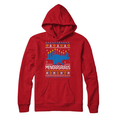 Funny Ugly Hanukkah Dinosaur Menorasaurus Sweater-T-Shirt & Sweatshirt-Pullover Hoodie-Red