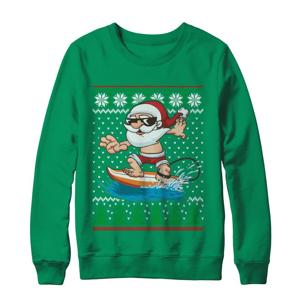 Santa Surfing Hawaiian Summer Christmas Ugly Sweater-T-Shirt & Sweatshirt-Crewneck Sweatshirt-Irish Green