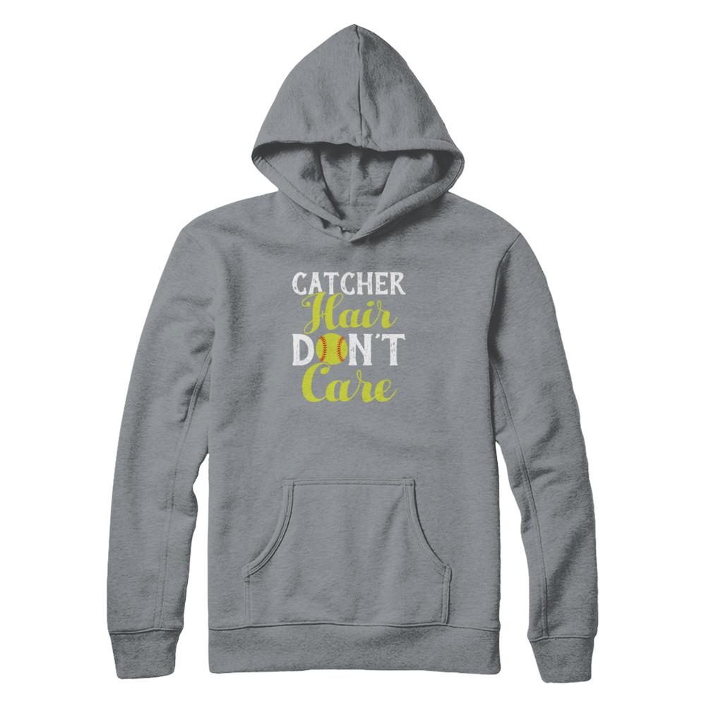 Catcher Hair Don't Care Softball-T-Shirt & Tank Top-Pullover Hoodie-Light Steel