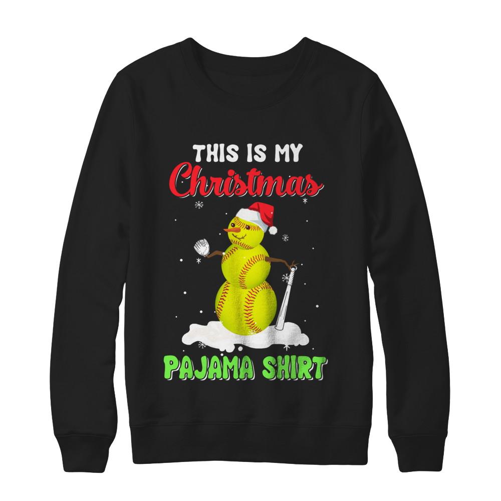 This Is My Christmas Pajama Xmas Snowman Softball-T-Shirt & Sweatshirt-Crewneck Sweatshirt-Black