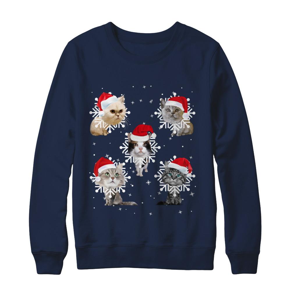 Cute Cat's Christmas Snowflakes Cat Claus-T-Shirt & Sweatshirt-Crewneck Sweatshirt-Navy