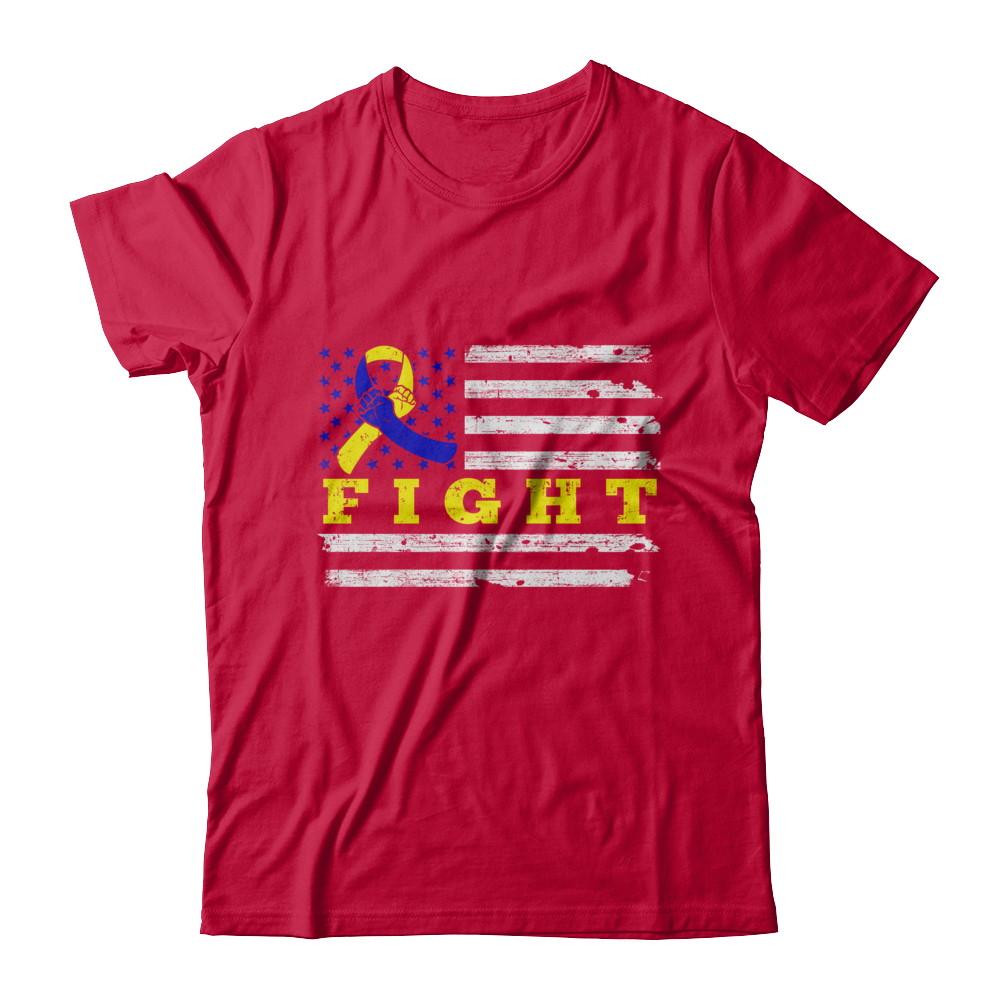 Fight Blue Yellow Ribbon US Flag Down Syndrome Awareness-T-Shirt & Hoodie-Classic T-Shirt-Red