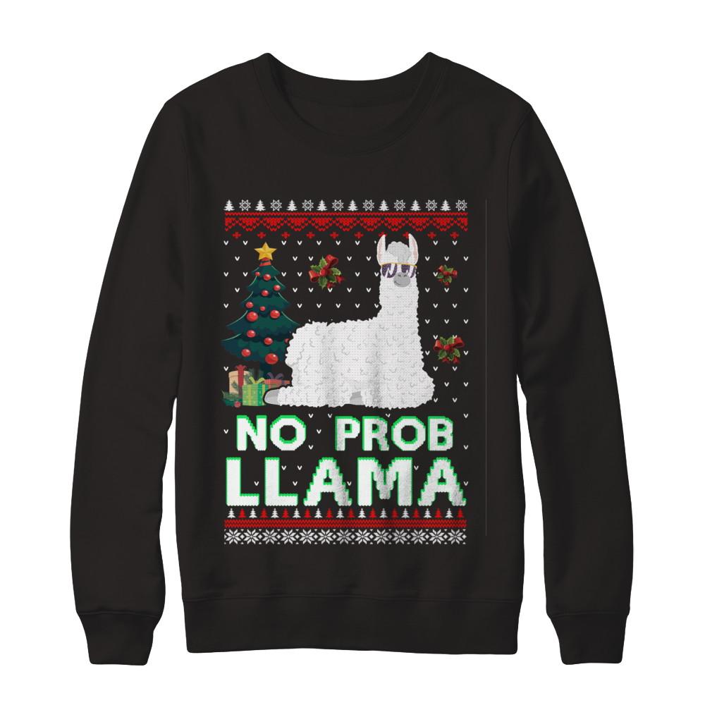 No Prob Llama No Drama Christmas Alpaca Sweater-T-Shirt & Sweatshirt-Crewneck Sweatshirt-Black