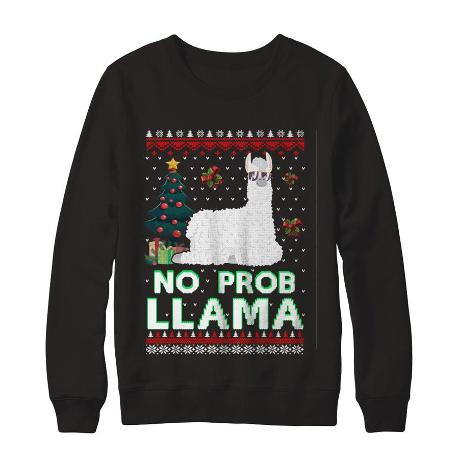 No Prob Llama No Drama Christmas Alpaca Sweater-T-Shirt & Sweatshirt-Crewneck Sweatshirt-Black