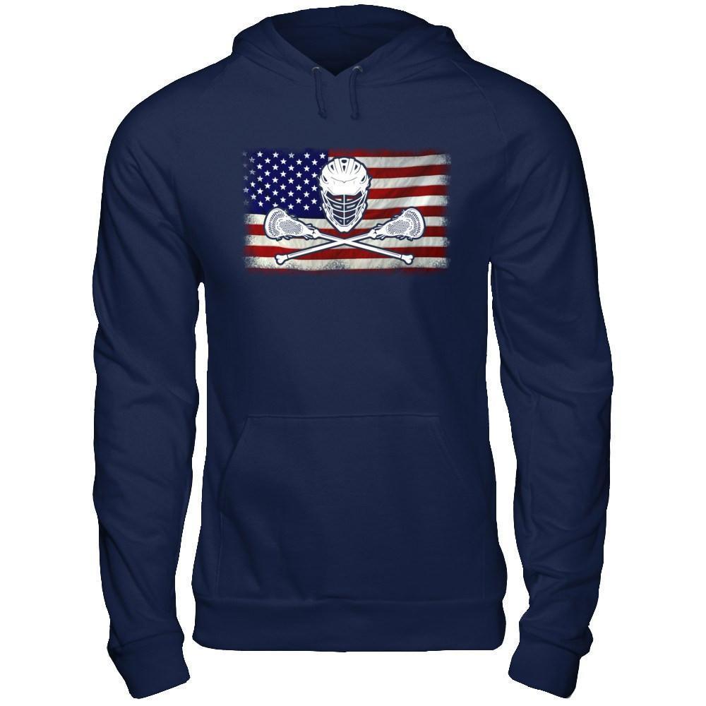 Lacrosse Helmet Crossed America Flag-T-Shirt & Hoodie-Pullover Hoodie-Navy