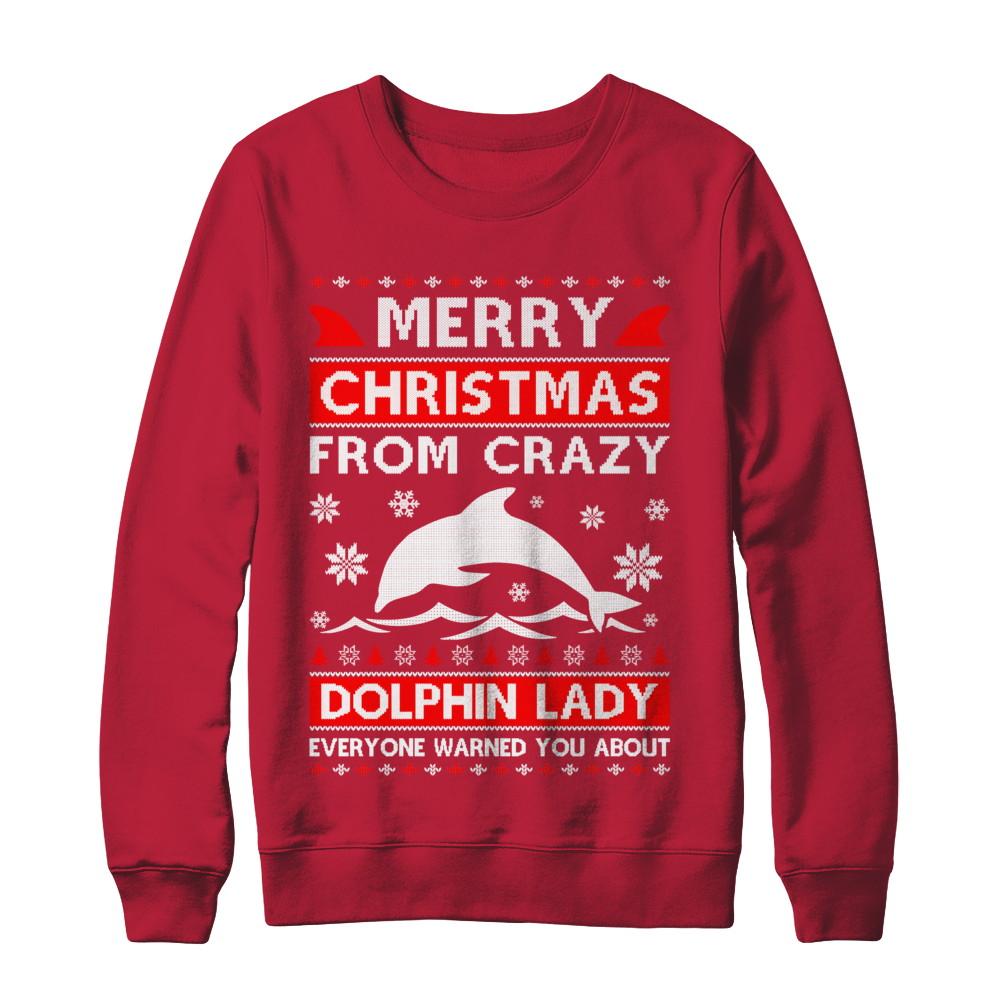 Merry Christmas From Crazy Dolphin Lady Sweater-T-Shirt & Sweatshirt-Crewneck Sweatshirt-Red