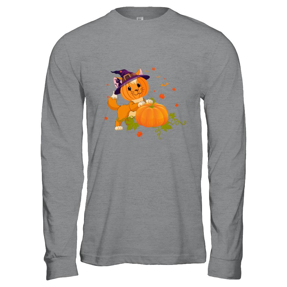 Funny Halloween Cat Pumpkin Costume-T-Shirt & Hoodie-Long Sleeve T-Shirt-Sport Grey