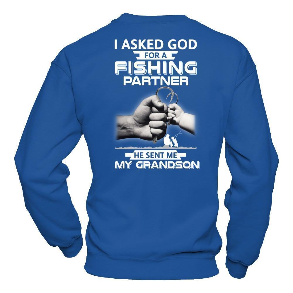 I Asked God For A Fishing Partner He Sent Me My Grandson-T-Shirt & Hoodie-Crewneck Sweatshirt-Royal