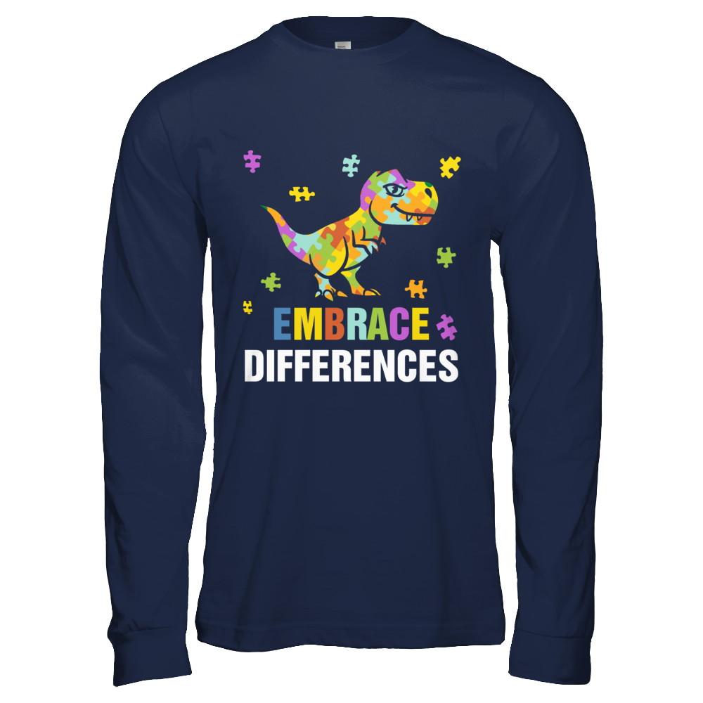 Autism Awareness Puzzle Piece Dinosaur Embrace Differences-T-Shirt & Hoodie-