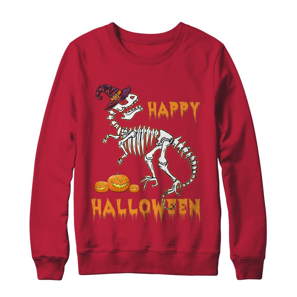 Funny Happy Halloween T-Rex Skeleton Dinosaur-T-Shirt & Sweatshirt-Crewneck Sweatshirt-Red
