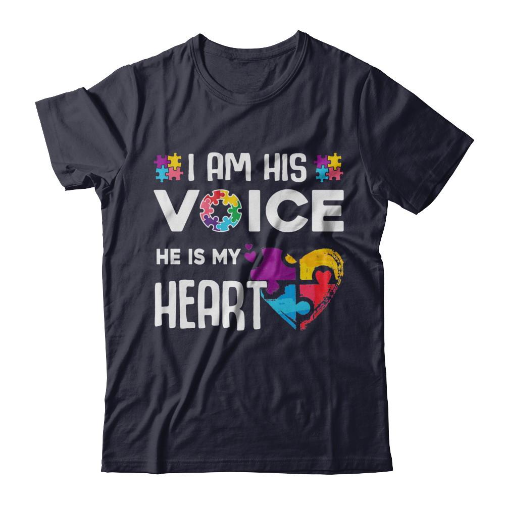 Autism Awareness I Am His Voice He Is My Heart Autism Mom-T-Shirt & Hoodie-Premium T-Shirt-Midnight Navy