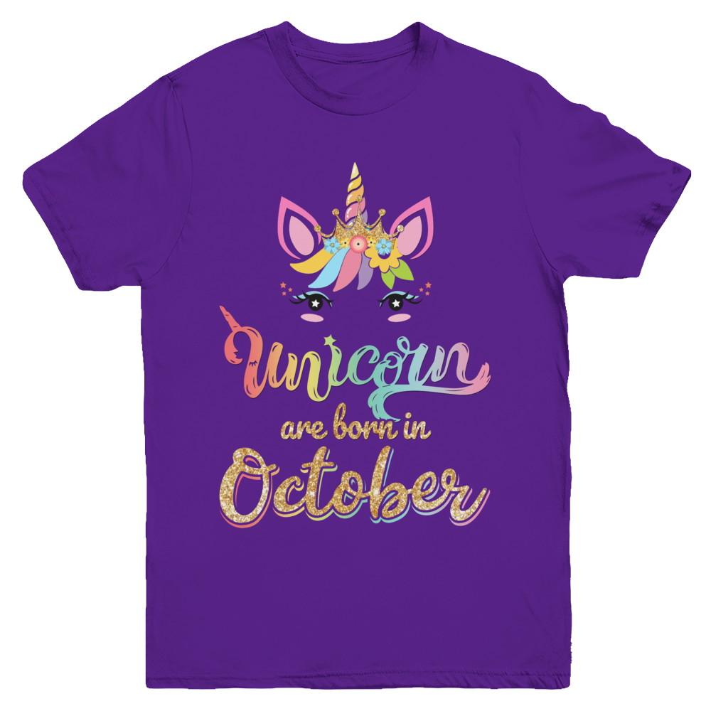 Cute Unicorns Are Born In October Birthday Gift Youth-Youth Shirt-Youth T-Shirt-Purple