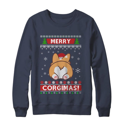 Xmas Merry Corgmas Santa Corgi Ugly Christmas Sweater-T-Shirt & Sweatshirt-Crewneck Sweatshirt-Navy