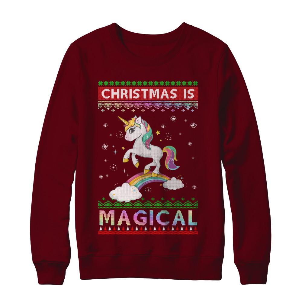 Christmas Is Magical Unicorn Ugly Christmas Sweater-T-Shirt & Sweatshirt-Crewneck Sweatshirt-Maroon