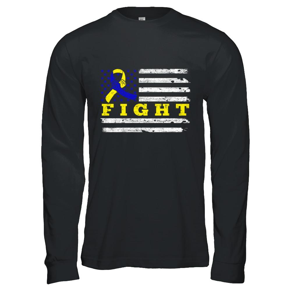 Fight Blue Yellow Ribbon US Flag Down Syndrome Awareness-T-Shirt & Hoodie-Long Sleeve T-Shirt-Black