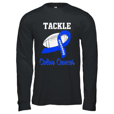 Football Survivor Tackle Blue Colon Cancer Awareness-T-Shirt & Hoodie-Long Sleeve T-Shirt-Black