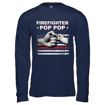 Firefighter Fireman Pop Pop American Flag Fathers Day-T-Shirt & Hoodie-Long Sleeve T-Shirt-Navy