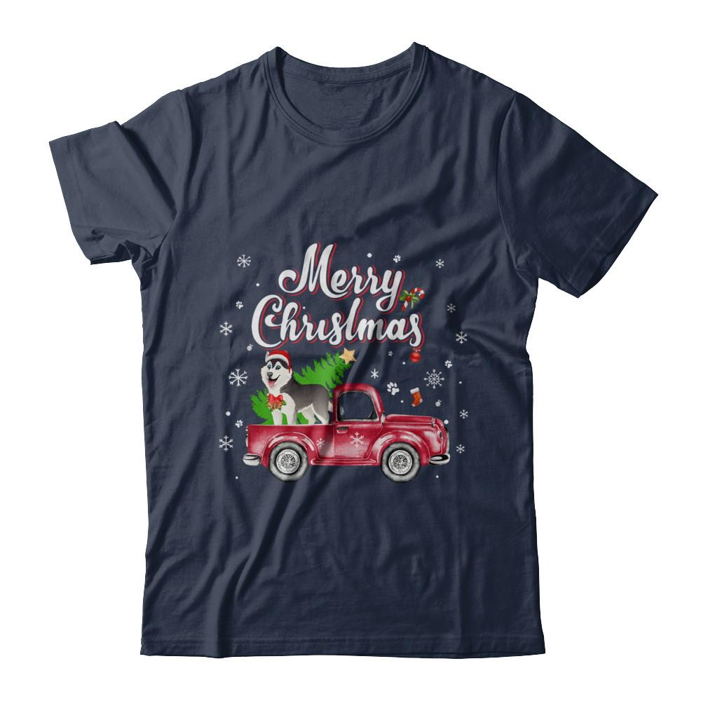 Husky Retriever Rides Red Truck Christmas Pajama-T-Shirt & Sweatshirt-Classic T-Shirt-Navy