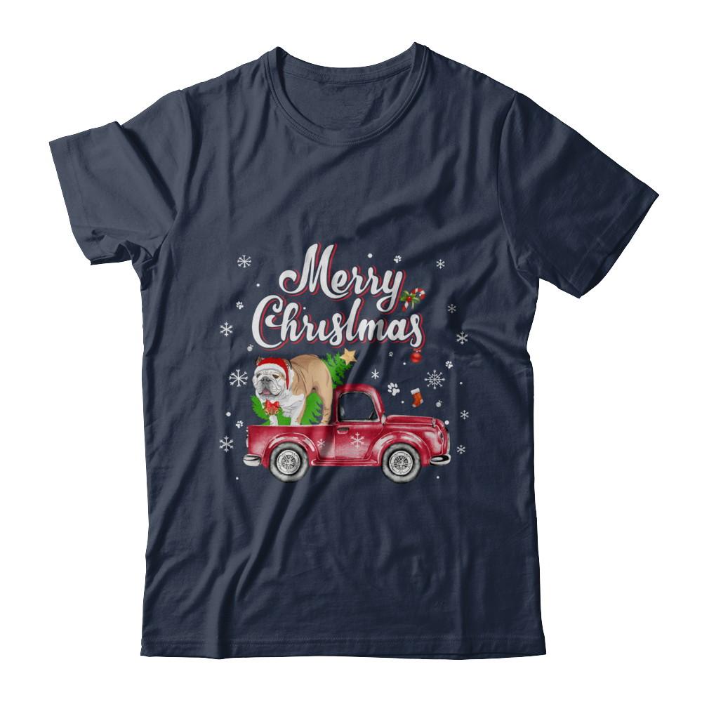 Bulldog Retriever Rides Red Truck Christmas Pajama-T-Shirt & Sweatshirt-Classic T-Shirt-Navy