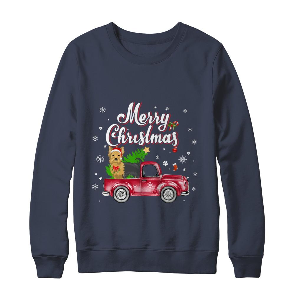 Yorkie Retriever Rides Red Truck Christmas Pajama-T-Shirt & Sweatshirt-Crewneck Sweatshirt-Navy