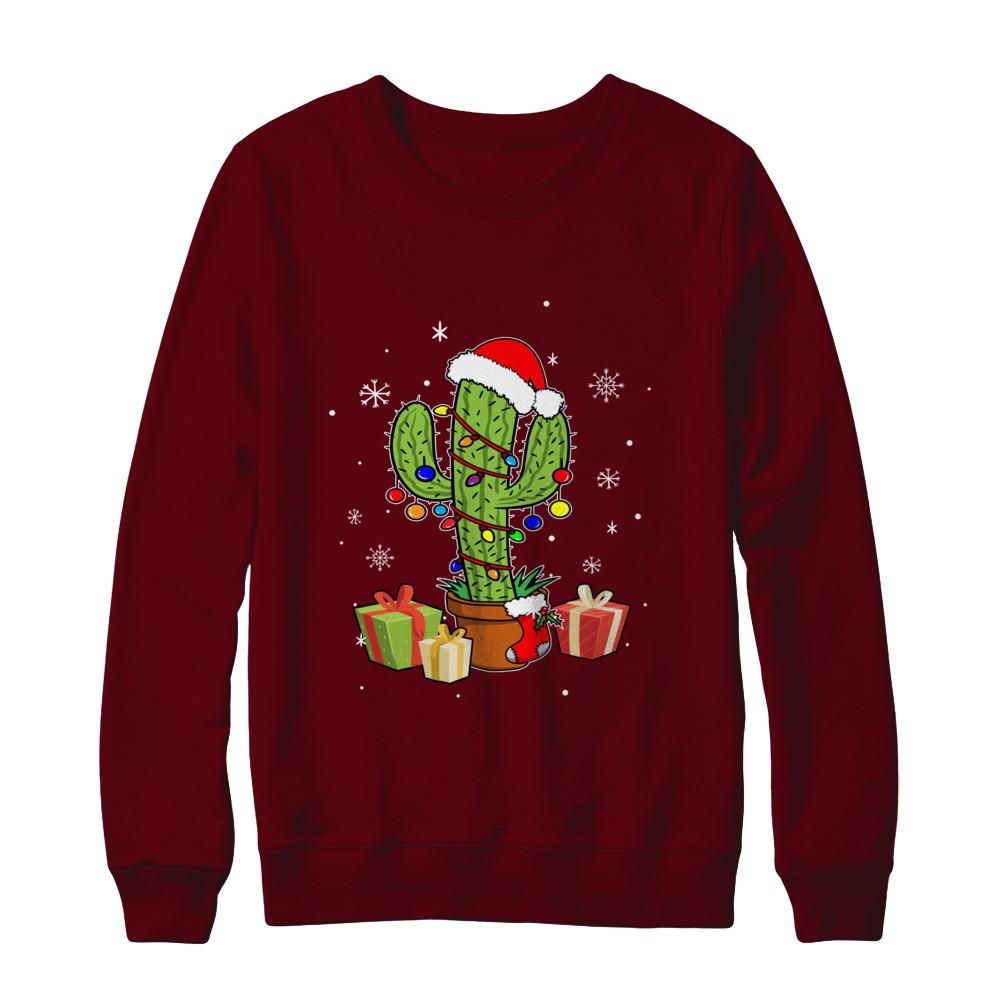 Merry Christmas Succulent Plants Christmas Cactus-T-Shirt & Sweatshirt-Crewneck Sweatshirt-Maroon